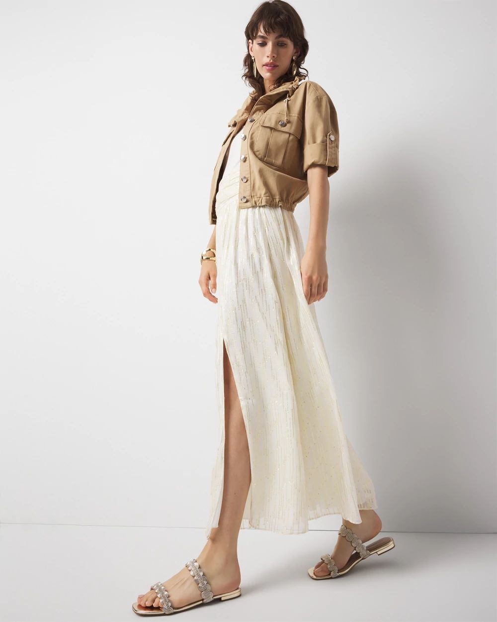 ●ROUGHNECK● Shirred Waist Band Midi Skirt / White Ruby Midi Skirt - Shirred High Waist Cotton Tiered Skirt in
